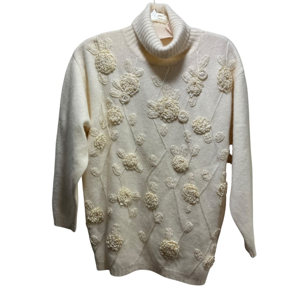 Rafaella Angora Lambswool Ecletic Cottagecore 3D Floral Crochet Sweater Mp Ivory